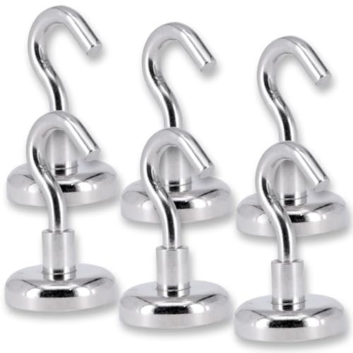 6 Stück Neodym Magnet Haken 25 mm - Magnethaken Extra Stark - 22 KG Zugkraft - Topfmagnet Hakenmagnete N52 Super Stark Topfmagnet mit M5 Gewinde