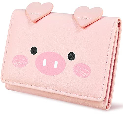 conisy Süß Klein Geldbeutel Damen,Dreifach Gefaltete Leder Dünn Geldbörse mit RFID für Mädchen und Frauen (Schwein rosa)