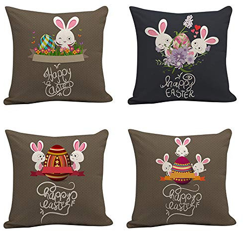 Odot Zierkissenbezüge Ostern, Leinen 4 Set Kissenbezug mit Reissverschluss 45X45cm Atmungsaktive Home Sofa Büro Dekoration (45x45cm/18x18in,Kaninchenei)