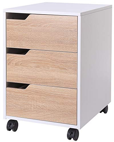HOMCOM Cassettiera da Ufficio Portadocumenti a 3 Cassetti con Maniglie a Scomparsa, Armadietto da Ufficio a 4 Ruote in Legno e Metallo, 40x50x57.5 cm, Legno e Bianco