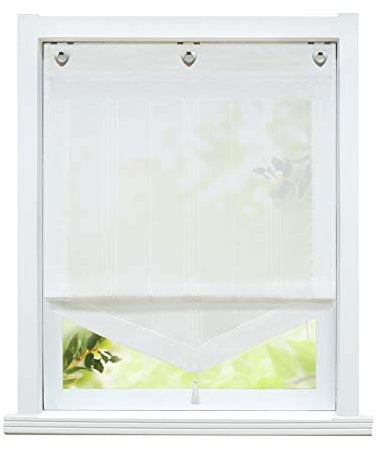 ESLIR Raffrollo ohne Bohren Gardinen Küche Landhaus Raffgardinen mit Ösen Transparent Ösenrollo Vorhang Leinen Weiß BxH 45x140cm 1 Stück