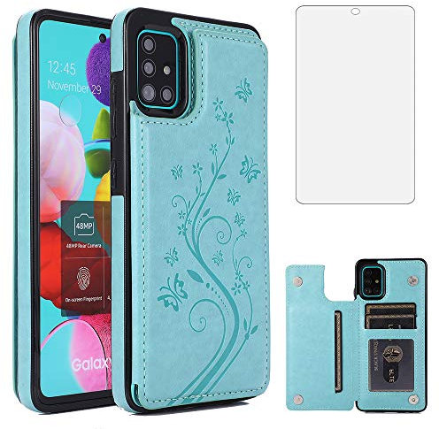 Asuwish Handyhülle für Samsung Galaxy A51 4G Hülle mit Folie Schutzfolie Kartenfach Klappbar Leder Geldbörse Ständer A 51 51A M40S Handy Hüllen Schutzhülle Handyhüllen Wallet Cover Phone Case Grün