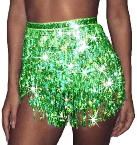 Ushiny Sparkle Paillette Fringe Mini Röcke Sparkly Tassel Rave Kostüm Festvial Shorts für Damen