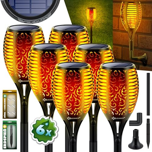 KESSER® Gartenfackel Solar 6er Set Solarleuchten 96 LEDs Flamme mit Wandhalterung + Erdspieß Licht-Sensor Wetterfest Garten Solarleuchte Fackel Lichter LED Gartenlampe Solarlampe Flammenlicht