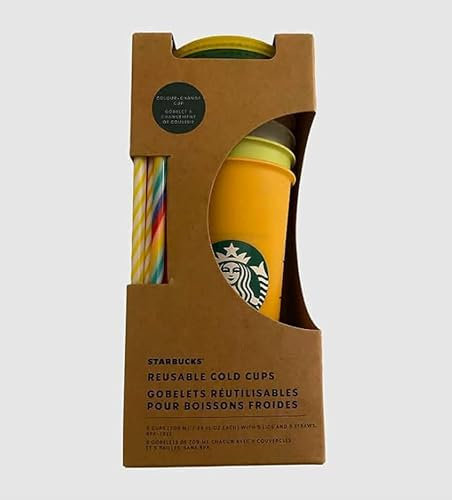 STARBUCKS Colour-Changing Reusable Cold Cups 2022, Set of 5 Cups with Lid and Straw, 709 ml