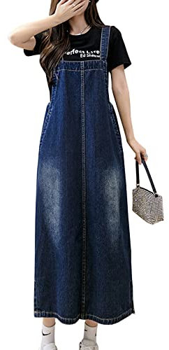 Yishengwan Salopette Gonna Donna Jeans Lunga Vestito Salopette Overall Senza Maniche Denim Vestiti con Tasca Blu Scuro L