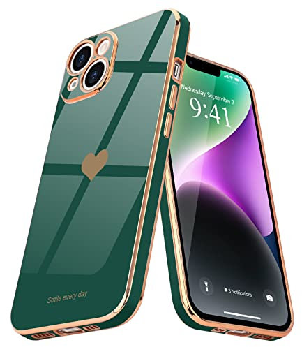 Teageo Kompatibel mit iPhone 14 Hülle, Süße Herzmuster Mädchen Handyhülle Luxuriös Galvanisierte Weich TPU Kameraschutz Kratzfest Stoßfest Schutzhülle Bumper Phone Case für iPhone 14, Dunkelgrün