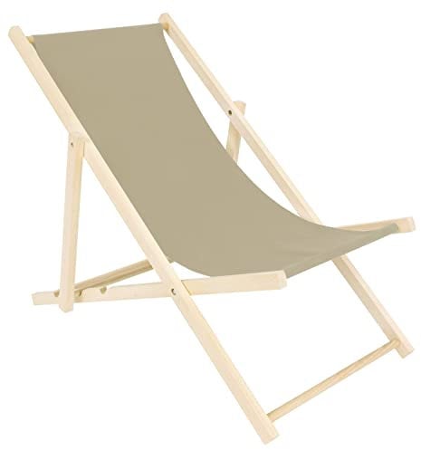 Specwood Strandliege Klappbar Leicht - 119x58 cm - Liegestuhl klappbar Holz für Garten, Balkon - Sonnenliege Holz wetterfest - Klappliegestuhl aus Buche mit Baumwollstoff - Strandstuhl Faltbar - Beige
