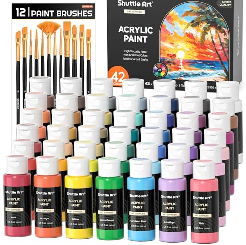 Shuttle Art 54PCS Kit Peinture Acrylique, 42*60ml Acrylique et 12 Pinceaux | Peintures pour Artiste Non Toxique, Acrylique Peinture pour Toile,Tissu pour Artiste, Débutant, Enfant
