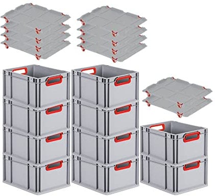 PROREGAL SuperSparSet 10x Eurobox NextGen Color mit Auflagedeckel & Schiebeschnappverschlüsse, HxBxT 22x30x40cm, 20L, Griffe rot offen, Glatter Boden, Eurobehälter Transportbox Transportbehälter