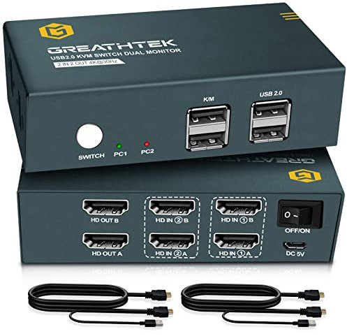 KVM Switch 2 Monitors 2 Computers 4K@30Hz, USB2.0, KVM Switche HDMI Support HDCP1.4 HDMI1.4, KVM Switches Support Button Switch and Hotkey Switch, with 2 HDMI USB Combo and 2 HDMI1.4 Cables