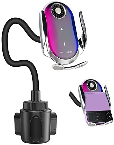 Qoosea 15W Qi Chargeur Induction Voiture pour Montage en Porte Gobelet, Double Bobine Chargeur sans Fil Voiture Support Téléphone Samsung Galaxy Z Flip 5/4/3/2 S23 Ultra iPhone 15/14/13 Google 8/8 Pro