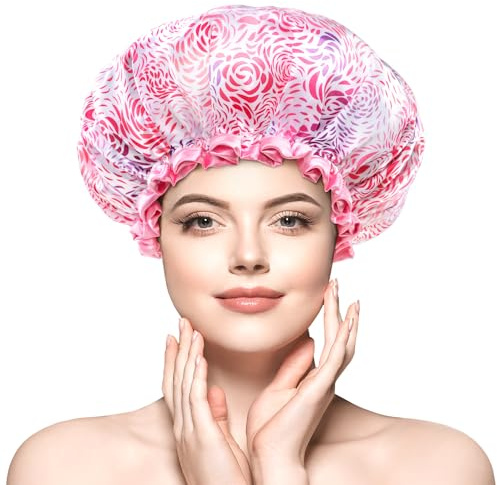 mikimini Large Shower Cap for Women and Girls with Long Thick Hair, Elegant Pink Floral Design, Reusable Waterproof Double-Layered, Perfect for a Romantic Feminine Touch