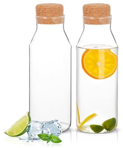 Wylnsie 2-Pack Glasflaschen Set mit Press-korken, Wiederverwendbare Glas Karaffe Gläser, 1000 ml Korkverschluss Glas Flaschen Wein Saftflasche Milchflasche Ölflasche, Glasflaschen mit Stopfen