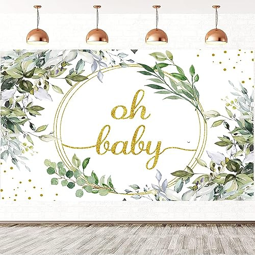 2.1x1.5m Foto Hintergrund Baby Shower Gold Oh Baby Grün Eukalyptus Blätter Fotografie Hintergrund Neugeborenes Baby Shower Geburtstag Party Kuchen Tisch Dekorationen Banner Fotostudio Requisiten