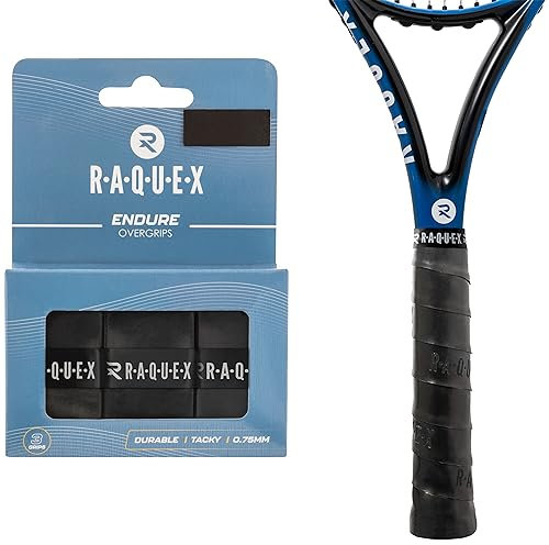 Raquex Endure Übergriffband für Schläger – 3er Pack Übergriffband für Schläger, 0.75 mm Dicke – Anti-Rutsch Übergriffband für Tennis-, Badminton-, Squashschläger, Padel (Schwarz)