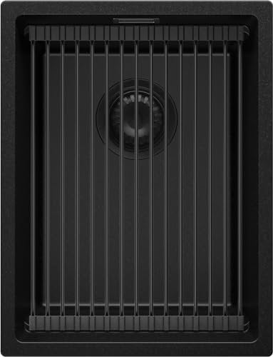 PRIMAGRAN Evier Cuisine en Granit Tout Noir 36x47cm, Lavabo 1 bac + Kit de Vidage + Égouttoir Enroulable, Évier à Encastrer au meuble 40cm - Prague Slim