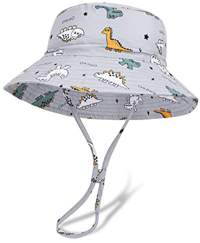 JUPSK Sombrero de Verano para Niños, Sombrero de Playa, Sombrero de Cubo de Aventura al Aire Libre con Correa Ajustable, Patrón de Dinosaurio para Niños de 2 a 8 Años