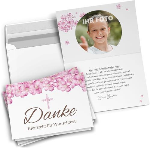 10 PERSONALISIERTE Dankeskarten mit Text und Foto - Danke Kirschblüten - Dankeskarte Kommunion Konfirmation Taufe Hochzeit kirchlich mit Umschlägen selbst gestalten