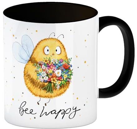 speecheese Pummel Biene Kaffeebecher in schwarz mit Spruch Bee happy Hummel Motiv Frühling Blumen Design Glücklich Machend Handgezeichnet
