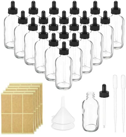 PATIKIL 120ml Glass Dropper Bottle, 24Pcs Leakproof Essential Oils Sample Liquid Perfume Container with Eye Dropper Labels Funnel for Storage Home Travel, Clear