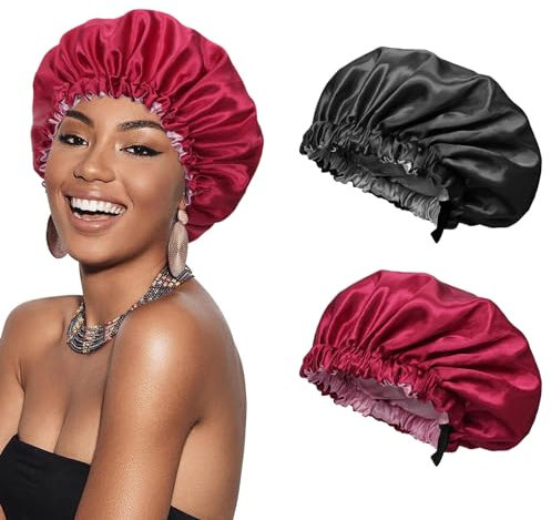 Euqvunn 2 Pezzi Cuffia Seta Capelli Notte, Regolabile con Ampia Fascia Elastica, Doppia Faccia a Due Colori Cuffia Seta Capelli Ricci, Adatto Protezione per Capelli Lunghi/Ricci (Nero Rosso)