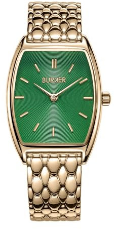 BURKER Damenuhr Grace, Oval Damen Armbanduhr Gliederarmband Edelstahl Analog Quarz 3-ATM Wasserdicht - 25 mm - Gold Grün