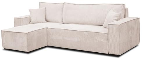 VENASI MÖBEL Ecksofa mit Schlaffunktion und Bettkasten Cord-Stoff Schlafsofa Eckcouch Sofa (Beige)