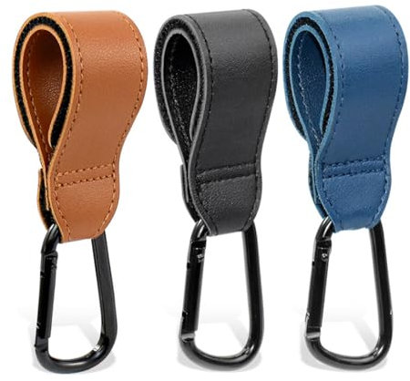 WMUVAZA Lederoptik Kinderwagen Haken, 3 Stück Haken Clips, Kinderwagen Anhänger, Kinderwagen Haken Taschenhaken, Kinderwagen Taschenhalter aus Leder, blau, braun, schwarz