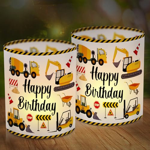 12 Windlicht Tischdeko Geburtstag, Happy Birthday Tisch Deko, Baustellen Windlichter Tischdeko, Bagger Geburtstagsdeko, Baufahrzeug Windlicht Geeignet für Junge Mädchen BAU Geburtstag Party