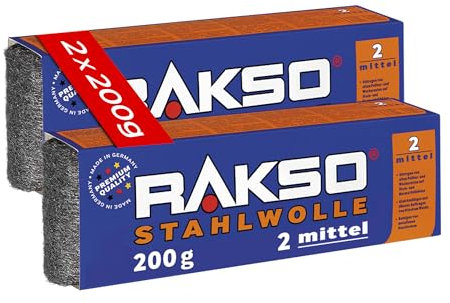 RAKSO Stahlwolle mittel 2-400 g, 2 Banderolen à 200g, alte Wachs-, Politurreste abtragen, Wachs auftragen, reinigt metallene Gussformen