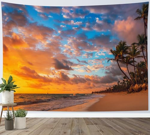 LB Wandteppich Strand an der Küste Wandtuch Tropisches Meer Orange Sonnenuntergang Palme Wandbehang Sommerliche Insellandschaft Tapisserie für Wohnzimmer Schlafzimmer Wohnheim Wanddeko,200x150cm