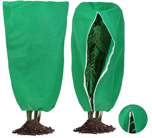 Pflanzenschutz Winter, 2 Pcs 80 x 120 cm Winterschutz für kübelpflanzen, Atmungsaktiv, Reißfest Vliesstoff,Kordelzug und Zugband Design, Frostschutz Pflanzen Winterschutz Draußen-Grün