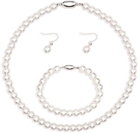 Kucheed Schmuckset mit Kunstperlen, Kunstperlen Halskette, Armband und Ohrringe, 3 Teilig Brautschmuck, Hochzeitsgeschenk für Frauen(Weiß)