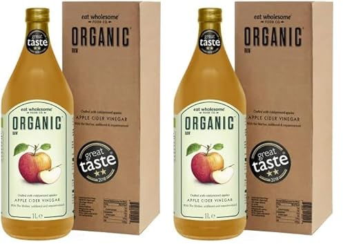Eat Wholesome Vinagre de Sidra de Manzana Cruda Ecológica sin Filtrar con la Madre, Botella de Vidrio en Caja, 1L (Paquete de 2)