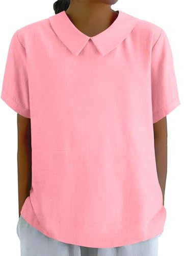 TOMEEK Chemisier Femme Shirts Col V Chemisie à Manches Courtes Coton Hauts Décontractés Femme Blouses Chic et Elégant(Rose,XL)