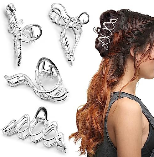4 Pièces Grandes pinces à cheveux,Argent Métal Pinces à cheveux Femmes Pinces à cheveux pour filles Accessoires de cheveux Pinces à griffes antidérapantes Clips à griffes pour épais Minces Cheveux