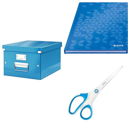 Leitz Set Click & Store Aufbewahrungsbox A4 mit Deckel Mittelgroß + Notizbuch A5 kariert + Titan Qualitätsschere, Transportbox aus 85% recycelter Premiumpappe, Blau, 60440036 + 46281036 + 53192036