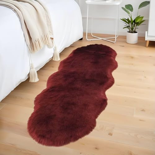 AIMECO kunstfell Teppich Faux Lammfell Schaffell Teppich Flauschiger Haarig Wohnzimmer Deko Weicher Fell Carpet für Stühle Sofa Schlafzimmer Kinderzimmer. Weinrot 60 x 140 cm