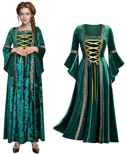 JDFAIJEAL Retro Medieval Women's Dress Trumpet Sleeve Victorian Gown | Green Queen Dresses, Renaissance Irish Dress, Carnival Halloween Party Princess Costume Witch Clothing