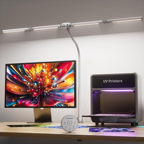 EYOCEAN Schreibtischlampe, Schreibtischlampe mit 4 Lichtquellen, 24W 100cm Tageslichtlampe Schreibtisch mit Fernbedienung, Dimmbare Monitor Lampe, Schwanenhals Büro Tischlampe, Augenschutz PC Lampe