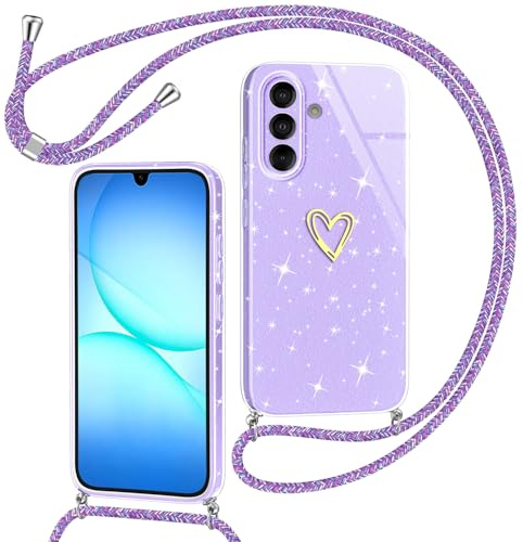 Yichxu Handyband für Samsung Galaxy A17 4G/5G Hülle mit Band, Glitzer Herz Silikon Handyhülle Kordel zum Umhängen, Schutzhülle mit Kette TPU Gel Stoßfest Necklace Handy Hülle für Samsung A17 5G, Lila