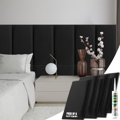 NOVECRAFTO Velvet Padded Wall Panels Set of 6 - Black Upholstered Anti-Collision Panels with Adhesive - H23.6 x W11.8 (60x30cm) Cushioned Paneling for Beds, Kids Room, Hallways & Feature Walls