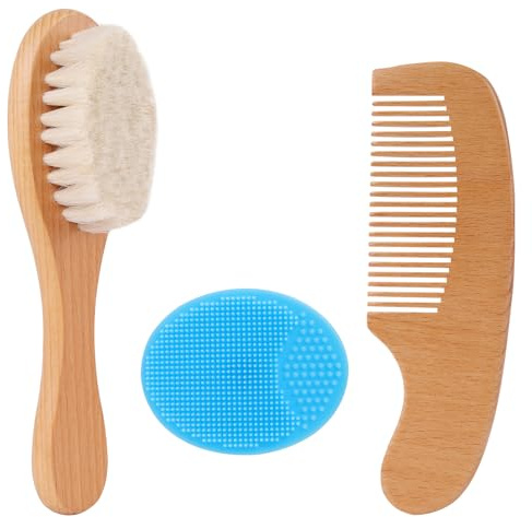 Beugo Baby Haarbürste und Baby Kamm Set, Hölzerne Weiche ziegenhaarbürste | Silikonhaarbürste, Babyhaarbürste Extra Weich für Neugeborene, Kleinkinder, Cradle Cap(3PCS,
