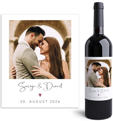Flaschenetiketten Hochzeit personalisiert mit Foto fürs Brautpaar | Personalisiert, selbstklebende Etiketten, 10 x 12 cm, 2 Stück im Set, Weinetiketten selbst gestalten