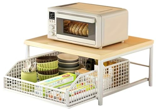 Küchenthekenorganisator mit Schublade und Drahtkorb - Robustes Holzregal für Kaffeemaschine - Platzsparendes Design