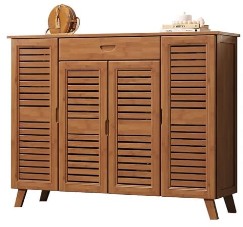 angelfanmily Armadietto Portascarpe in Bambù 4 Ante con 3 Ripiani, Grande Cassetto e Ripiani Ribaltabili, 127 cm di Larghezza con Scaffali Regolabili e Ante a Persiana, per Ingresso e Soggiorno