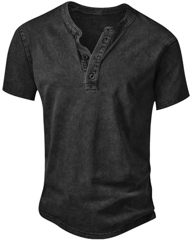 Anelune Men's Distressed Henley Short Sleeve T-Shirts | Vintage T Shirts for Men UK, Washed Cotton, Casual, V-Neck Button