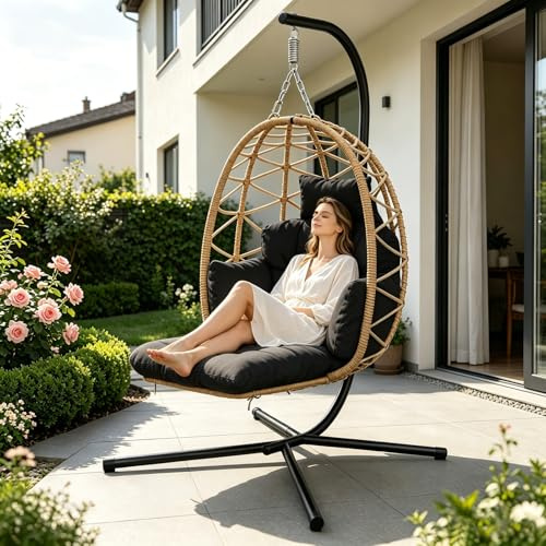 Hängesessel mit Gestell, Hängestuhl mit Fußstütze, Dicke Kissen, Höhenverstellbar, Hängekorb Sessel Outdoor Indoor, Ergonomisch, Hängeschaukel, Egg Chair für Garten Balkon Terrasse bis 150kg-Schwarz