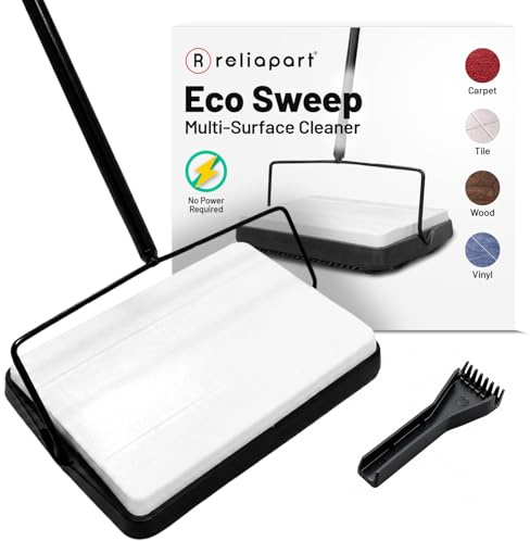 Reliapart Eco Sweep Multi-Surface Floor Sweeper Lightweight Cordless Cleaner for Carpets Tiles Laminate Wood Vinyl No Power With Rotating Bristle System For Dust Crumbs And Debris